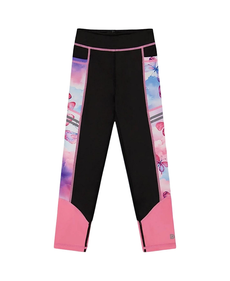 Deux Par Deux Girl's Colorblock Athletic Leggings Black And Multicolored Butterflies In Multi