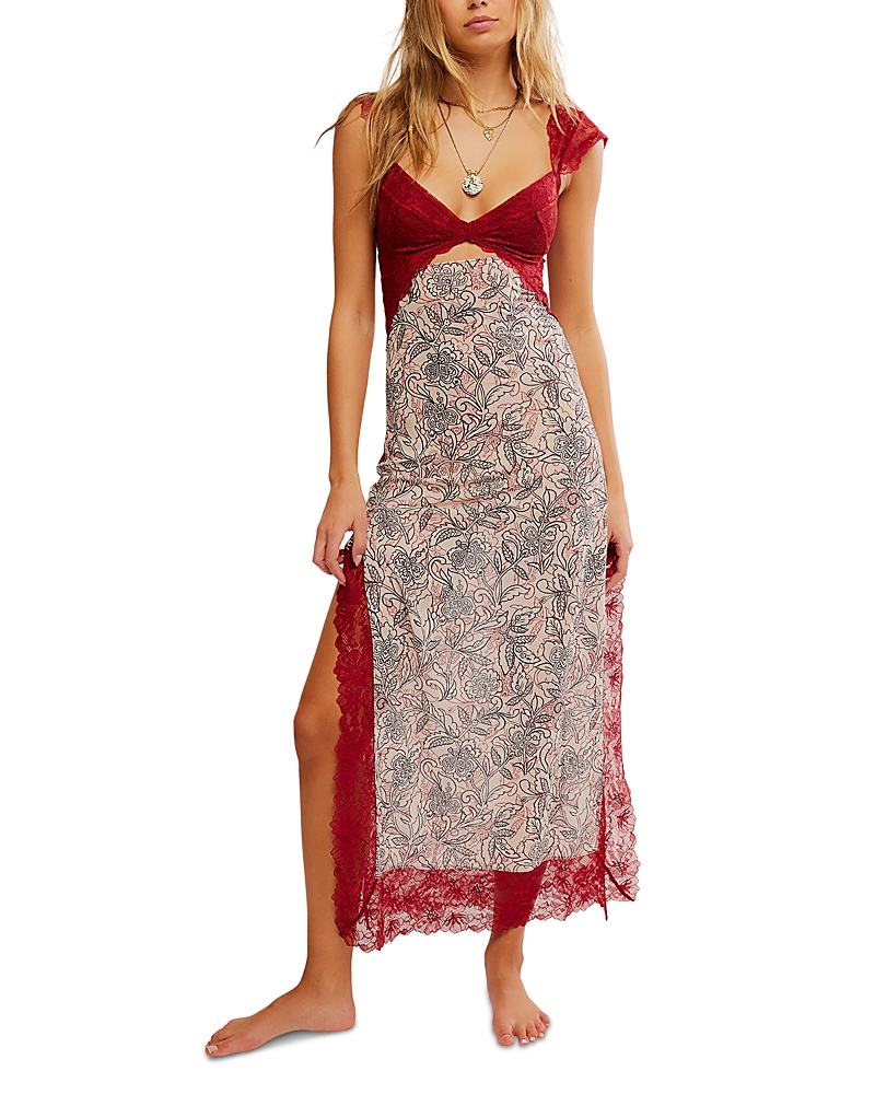 Free People Suddenly Fine Floral Print Cutout Lace Trim Nightgown In Multi