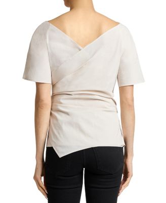 MURPHY Short Sleeve Wrap Top with Asymmetric Tucked Closure in Stretch Cotton Blend