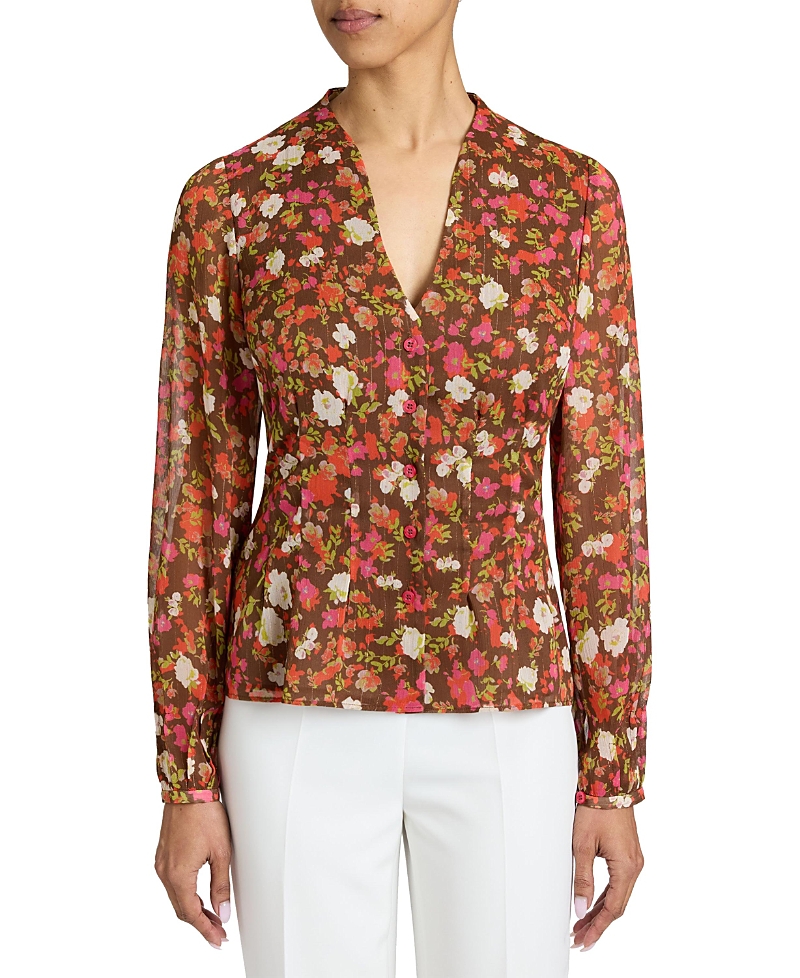 Santorelli Winnie Long Sleeve Buttoned Blouse In Floral Crinkle Georgette In Multi