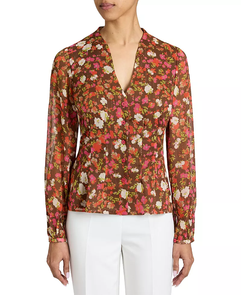 Santorelli Winnie Long Sleeve Buttoned Blouse in Floral Crinkle Georgette