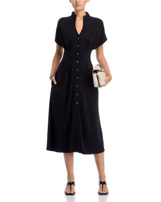 Mock Neck Button Front Midi Dress