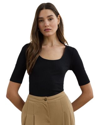 Ralph Lauren - Rib Knit Cotton Blend Elbow Sleeve Tee