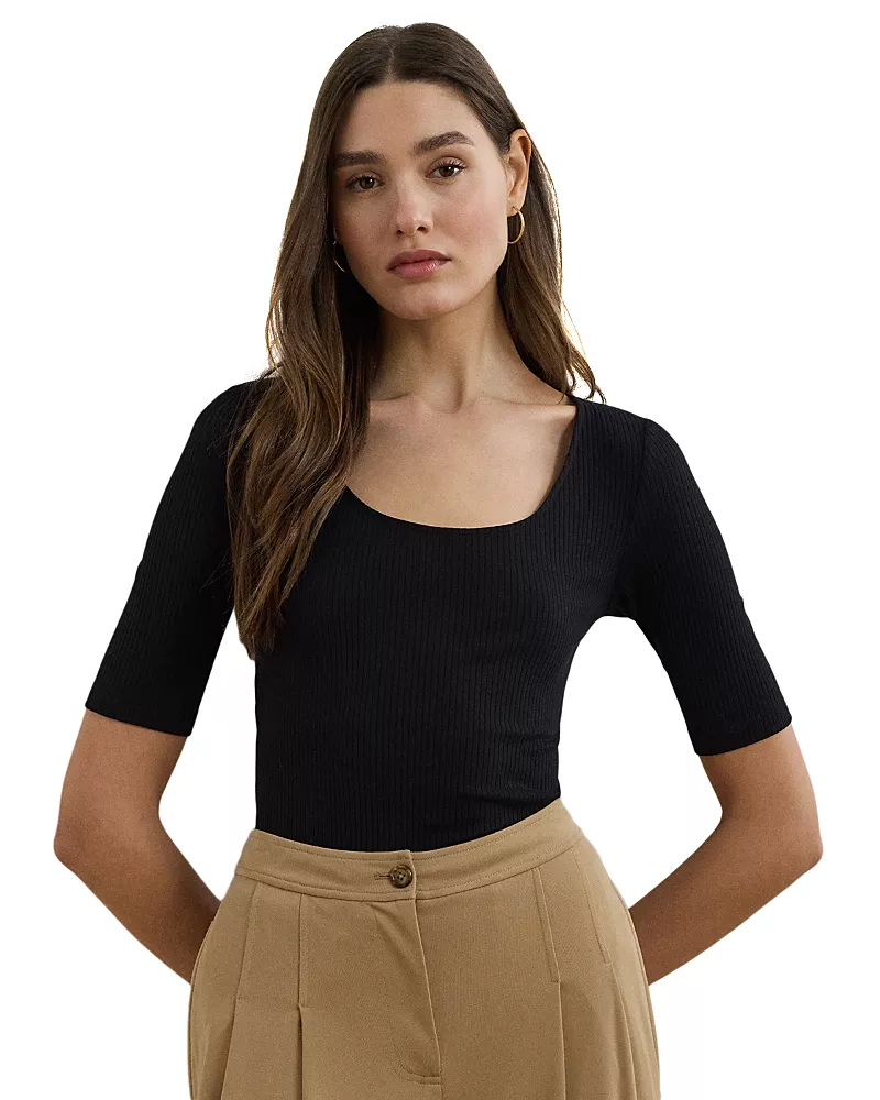 Lauren Ralph Lauren Rib Knit Cotton Blend Elbow Sleeve Tee