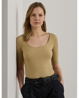 Rib Knit Cotton Blend Elbow Sleeve Tee