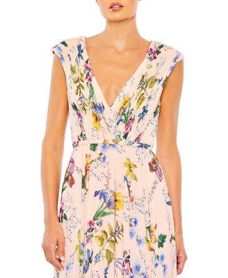 Pleated Floral Cap Sleeve A Line Gown