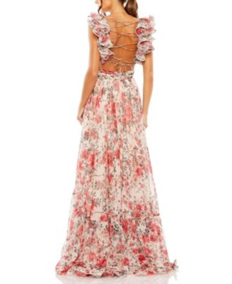 Ruffle Tiered Floral Cut-Out Chiffon Gown