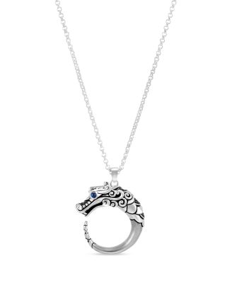 Brushed Sterling Silver Naga Pendant Necklace with Black Sapphire, Black Spinel and Blue Sapphire Eyes, 16"