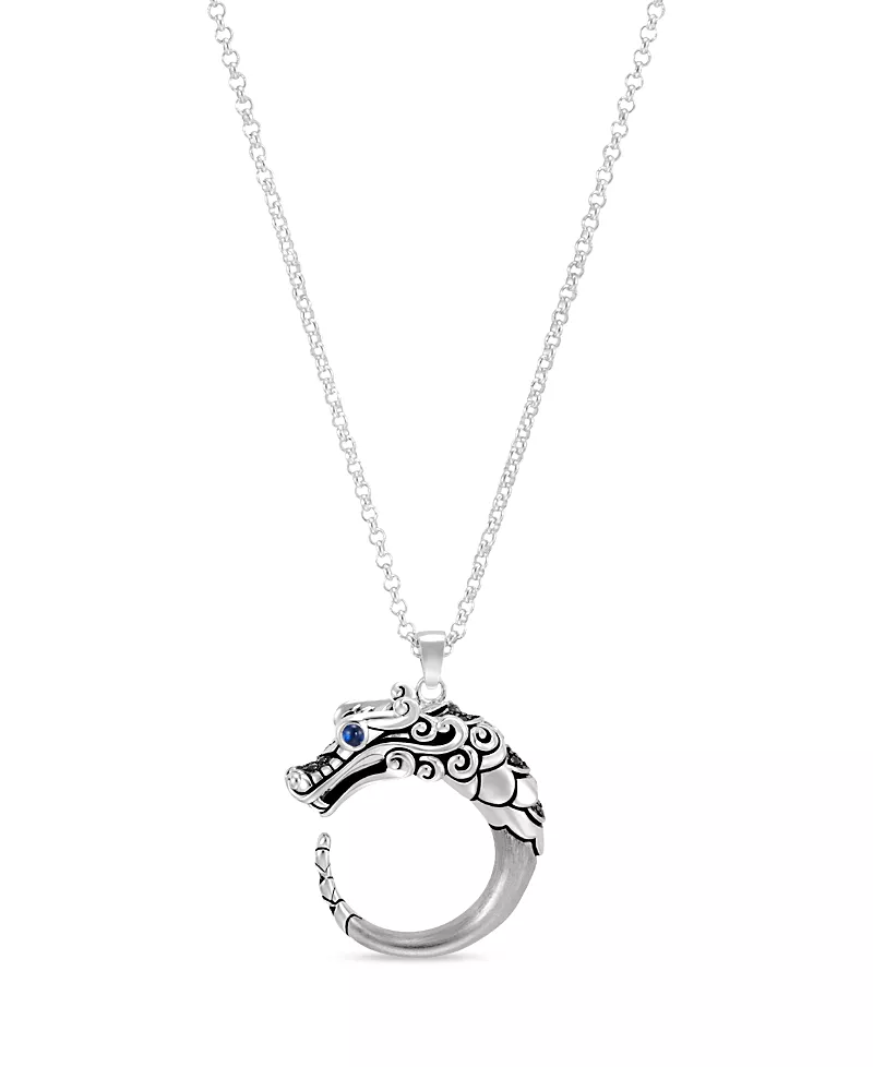 John Hardy Brushed Sterling Silver Naga Pendant Necklace with Black Sapphire, Black Spinel and Blue Sapphire Eyes, 16