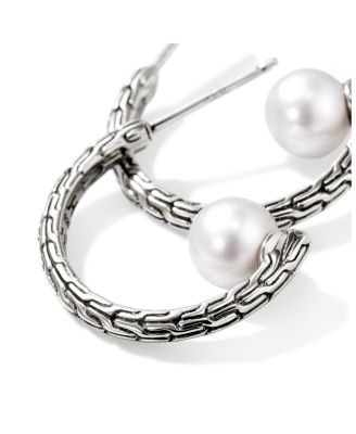Sterling Silver JH Essentials Cultured Freshwater Pearl Carved Chain Hoop Earrings