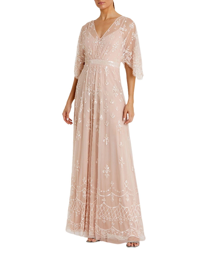 Mac Duggal V Neck Flutter Sleeve Embellished Mesh Gown In Pink