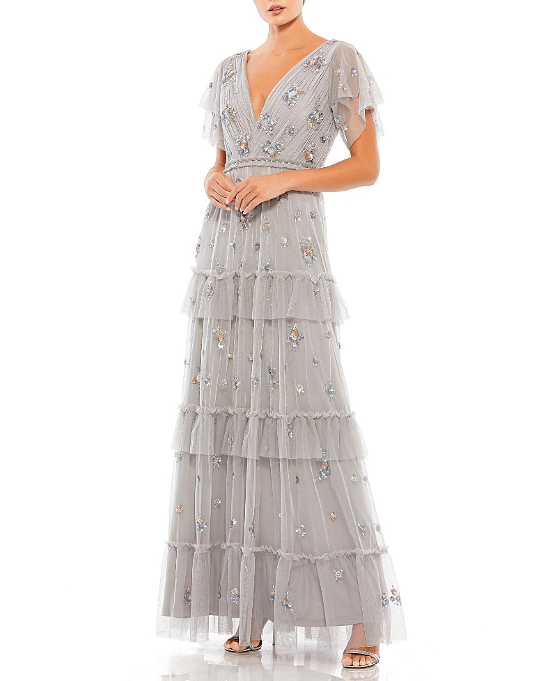 Mac Duggal Sequin-embellished V-neck Ruffle-tiered Gown In Silver