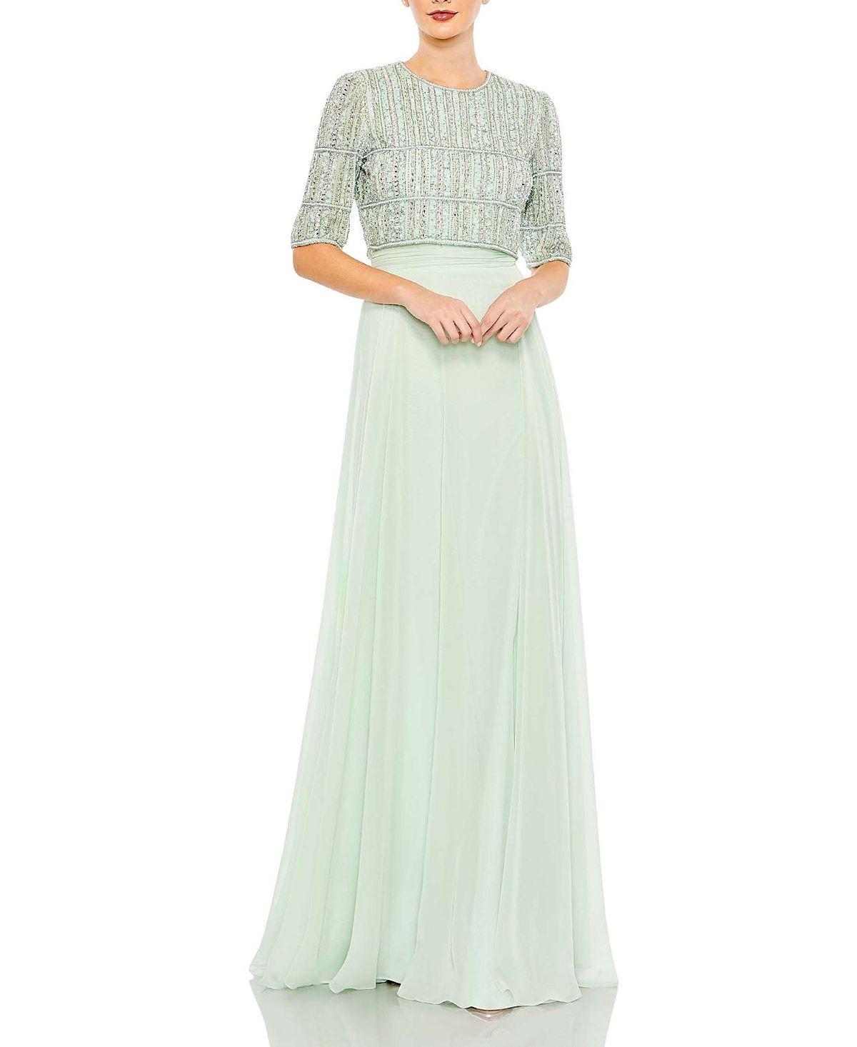 Mac Duggal Beaded 3/4 Sleeve Chiffon Gown