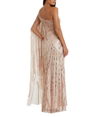 One Shoulder Cape Sleeve Embellished Gown