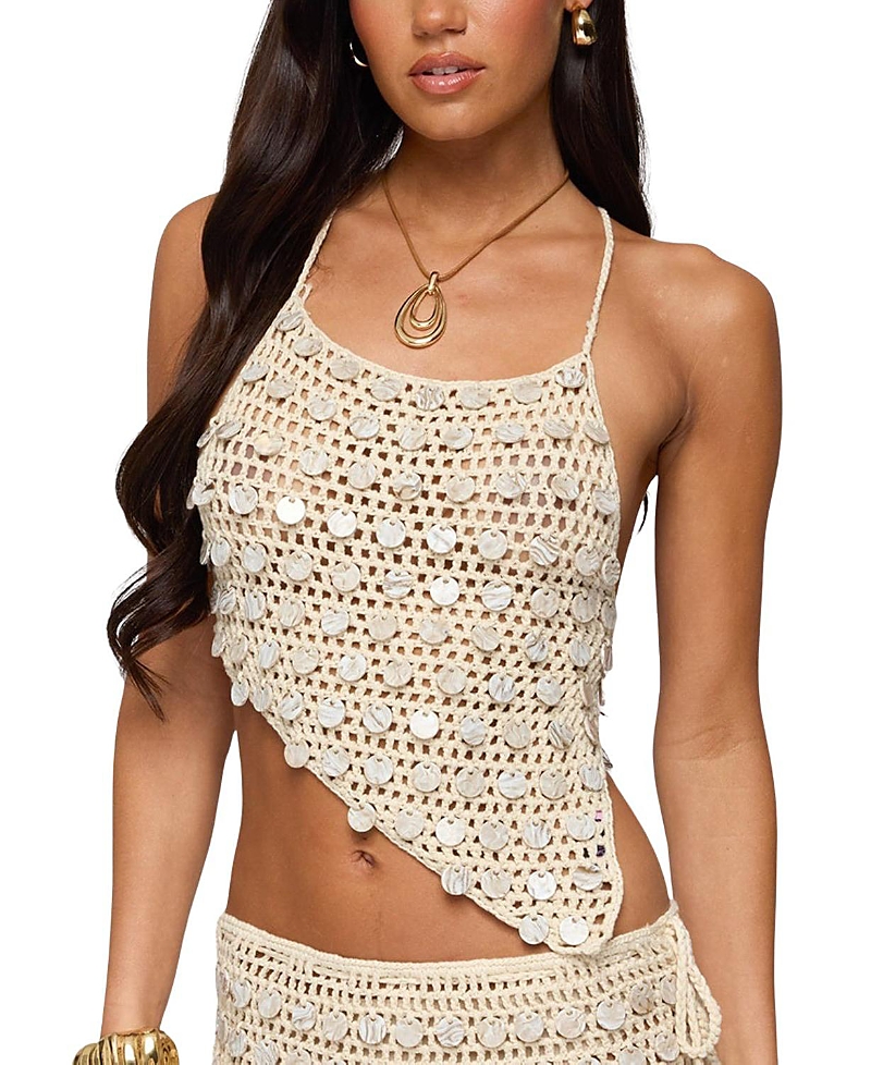 Edikted Alora Paillette Sequin Asymmetric Crop Top In White