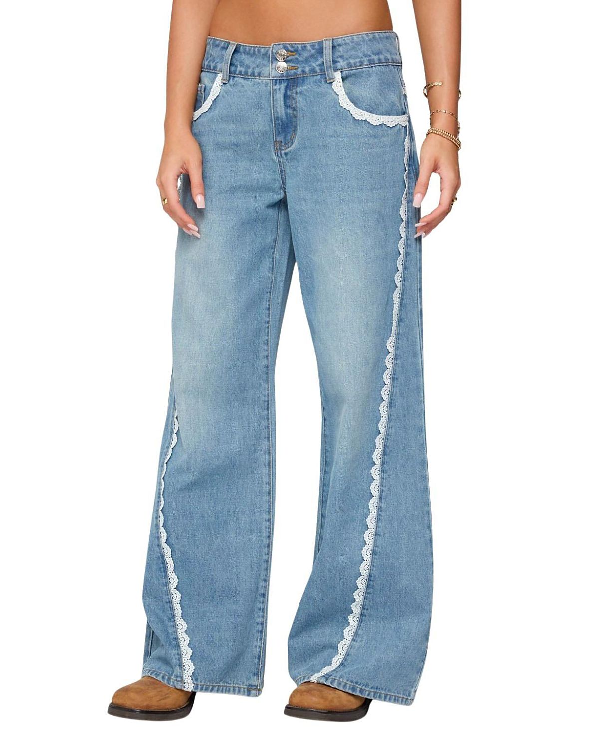 Edikted Alisha Lacey Low Rise Light Rinse Wash Jeans