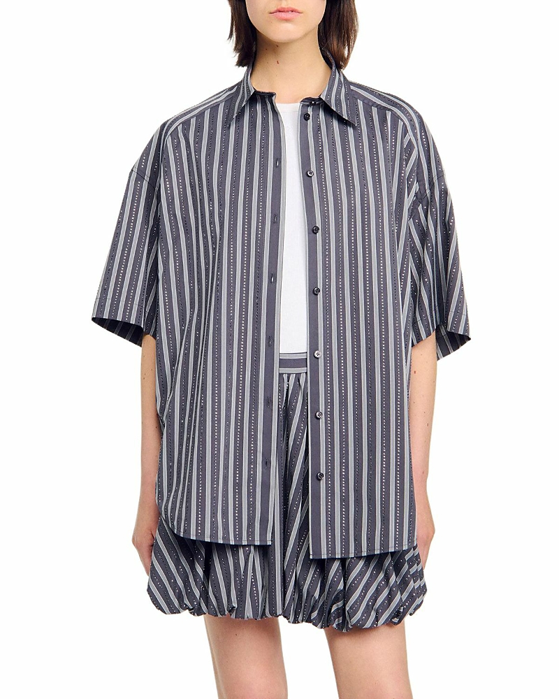 Sandro Oversized Striped Rhinestone Shirt In Gray