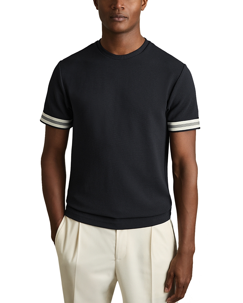 Reiss Navy Blue Textured Crew-neck Tipped T-shirt In Black