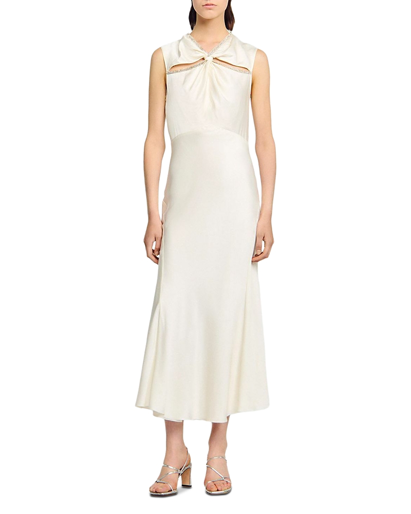 Sandro Rhinestone Trim Satin Maxi Dress