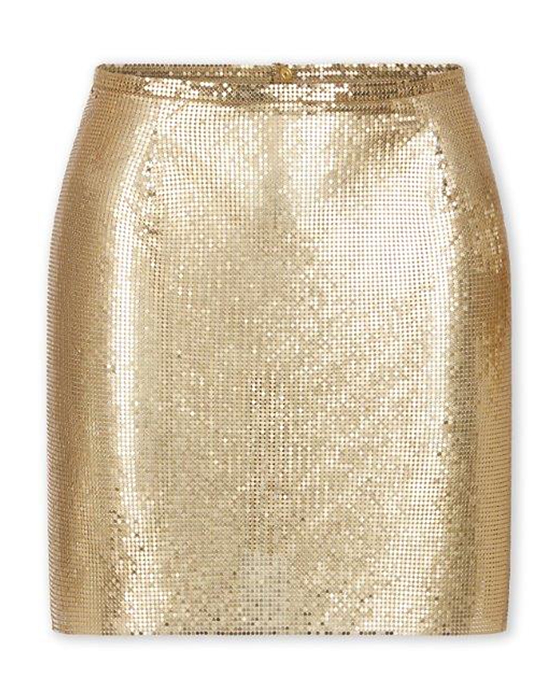 Rabanne Jupe Mini Mesh Printed Recto Verso Clothing In Gold
