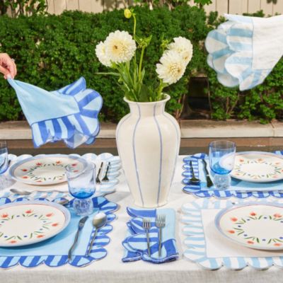 Jardin Embroidered Linen Scalloped Stripe Double-Sided Placemats, Set of 4