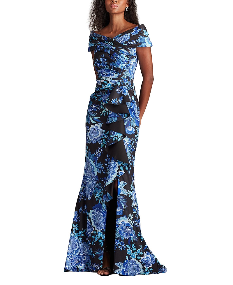 Tadashi Shoji Floral Print Ruffle Off The Shoulder Gown In Blue