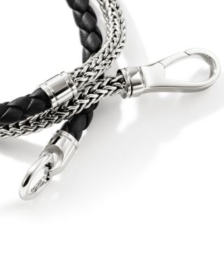 Men&#39;s Sterling Silver Icon Braided Leather &amp; Weave Double Wrap Bracelet