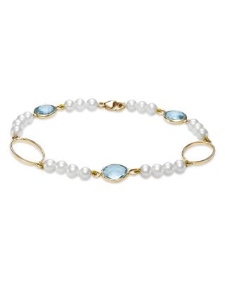 Freshwater Pearl & Blue Topaz Oval Link Chain Bracelet in 14K Yellow Gold