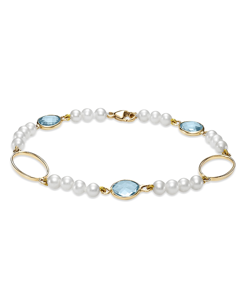 Bloomingdale's Fine Collection Freshwater Pearl & Blue Topaz Oval Link Chain Bracelet in 14K Yellow Gold