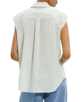 Cinched Cap-Sleeve Shirt in Striped Cotton-Blend