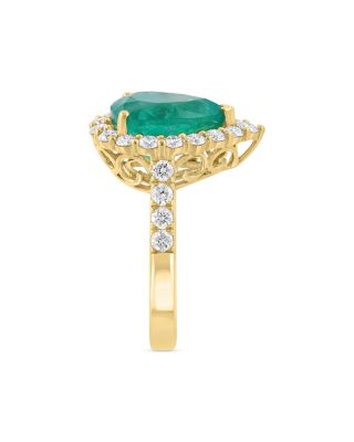 Emerald & Diamond Pear Shaped Halo Ring in 18K Yellow Gold