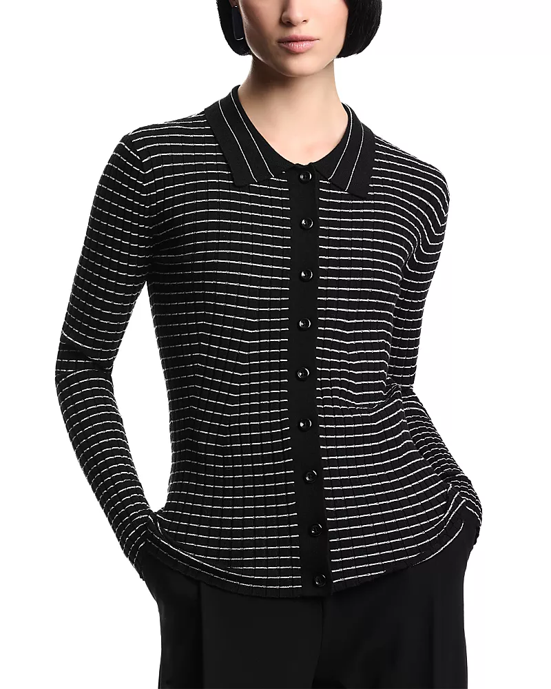 Emporio Armani Ribbed and Striped Button Up Cardigan Sweater