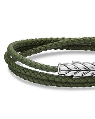 Men's Chevron Triple Wrap Bracelet in Green Leather with Sterling Silver, 3mm