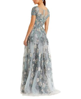 Embroidered Mesh Dress with Illusion Neck and Short Sleeves