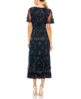 Floral Embellished Flutter Sleeve Tiered Dress