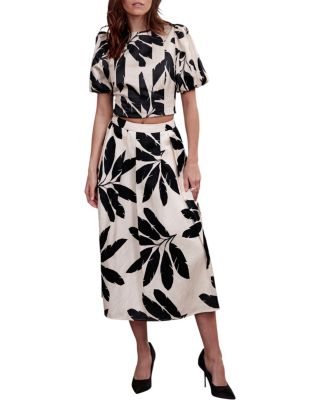  Women's Neutral Palm Print Midi Skirt