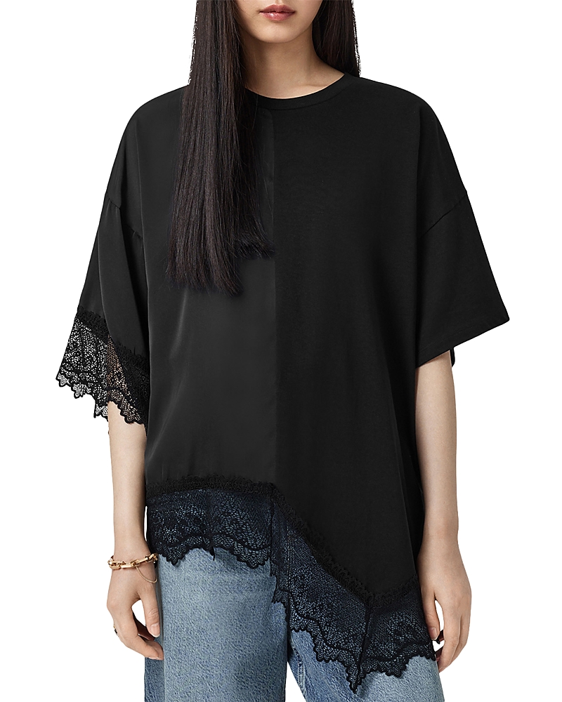 Allsaints Lenny Oversize Lace Trim Cotton T-shirt In Black