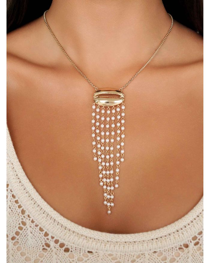 Mykonos Shell Imitation Pearl Fringe Pendant Necklace, 28"