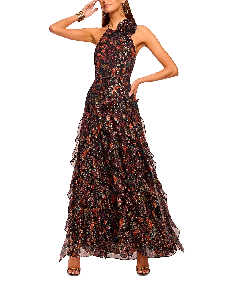 Ramy Brook Idella Ruffle Fil Coupe Halter Gown In Multi