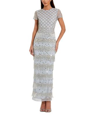 Mac Duggal - Fringe Embellished Mesh Short Sleeve Ankle Dress