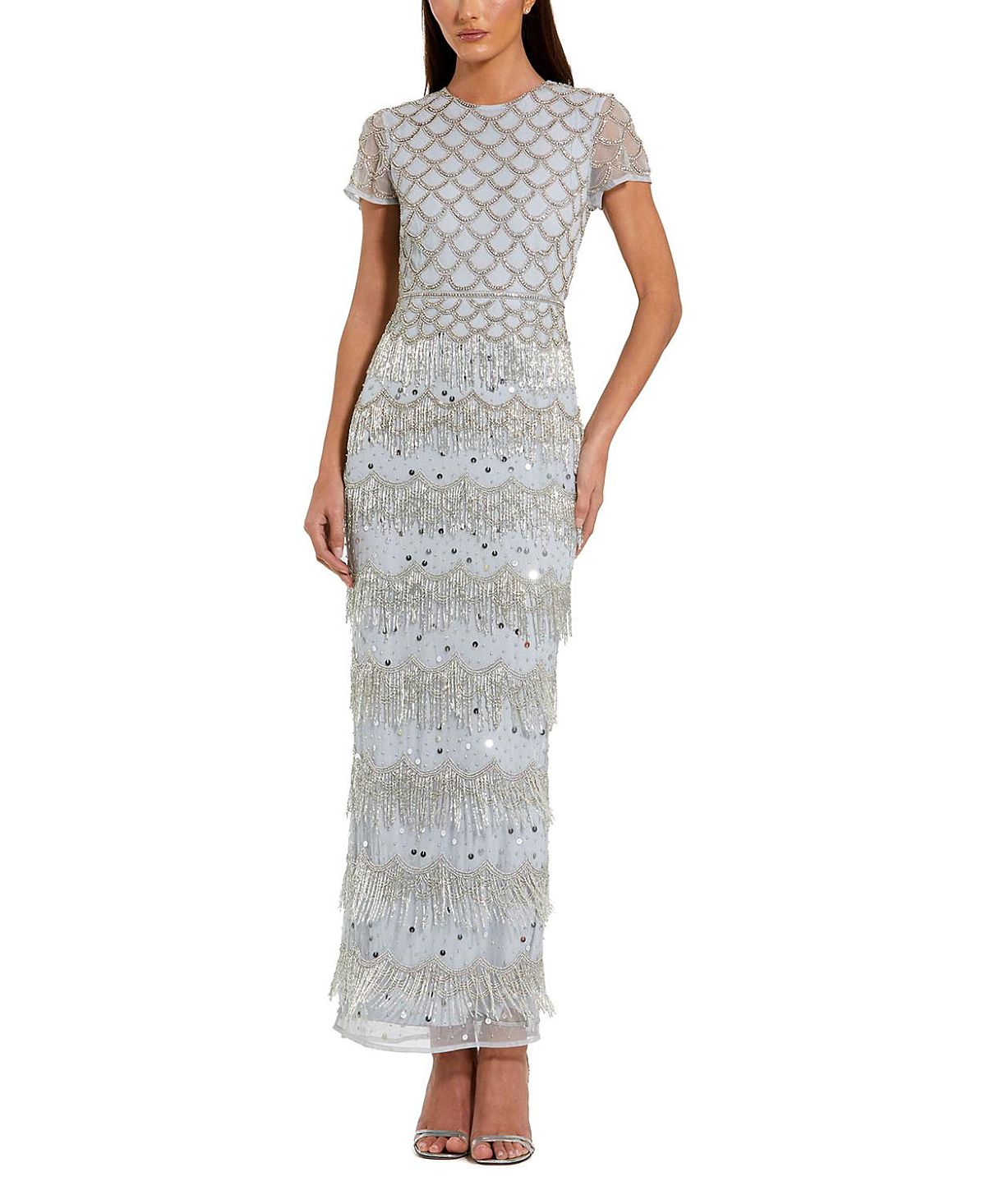 Mac Duggal Fringe Embellished Mesh Short Sleeve Ankle Dress