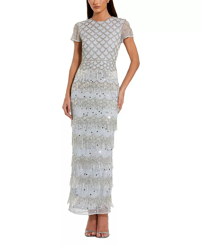Mac Duggal Fringe Embellished Mesh Short Sleeve Ankle Dress