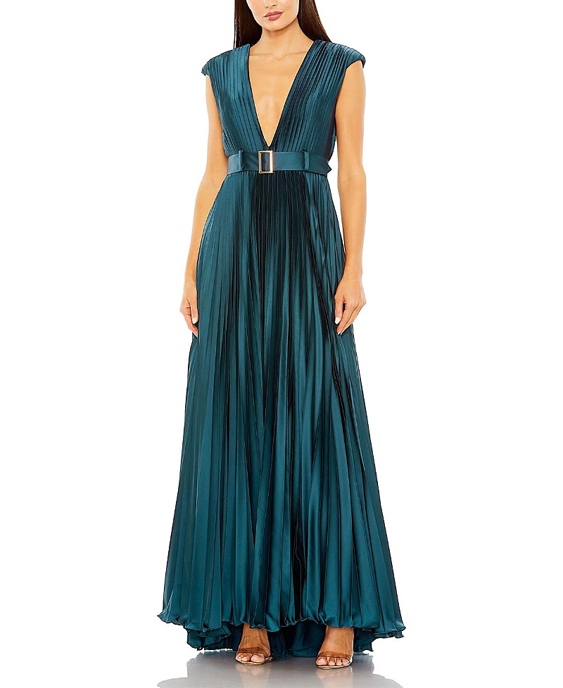 Mac Duggal Pleated Plunge Neck Belted Satin Gown