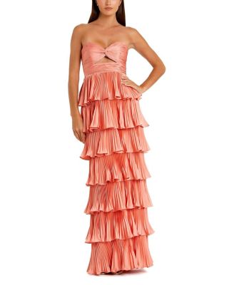 Mac Duggal Pleated Charmeuse Strapless Tiered Ruffle Gown