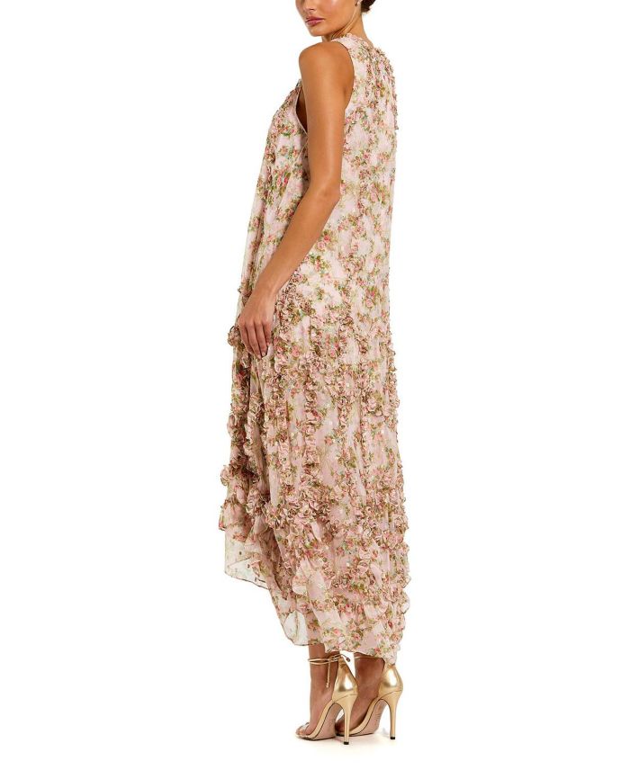 Sleeveless Floral Print Chiffon Micro Ruffle Gown