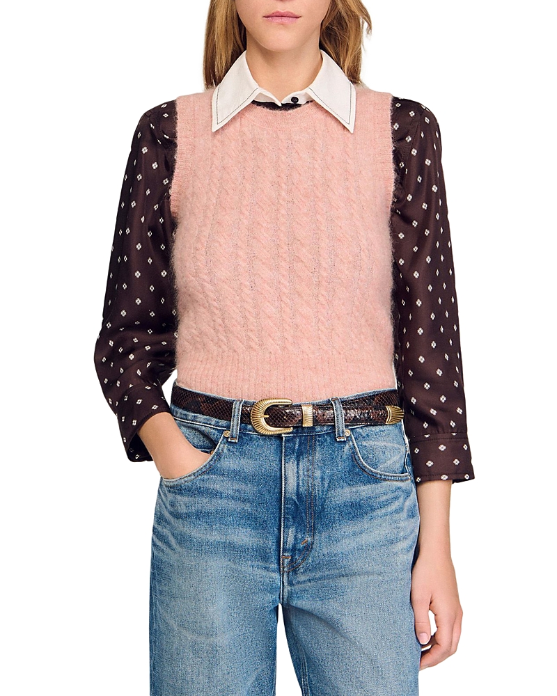 Sandro Womens Poudre Pink Cable-knit Wool-blend Vest In Pink