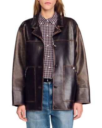 Sandro Oversized Leather Jacket with Studs | Bloomingdale's Women