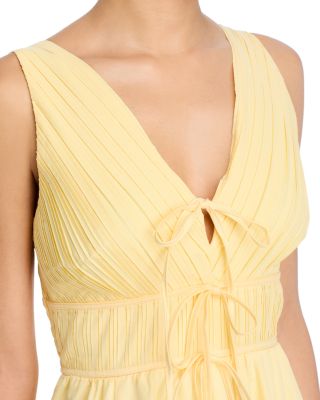 V Neck Tie Front Yellow Midi Dress