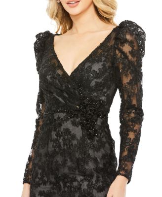  Embroidered Lace Wrap Over Puff Sleeves Gown