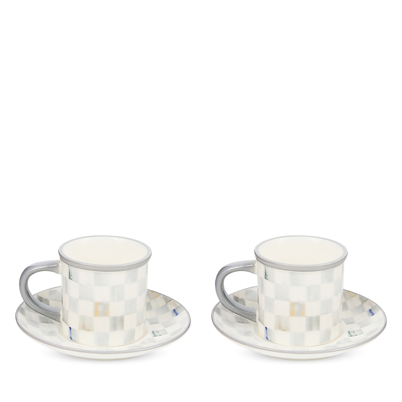 Mackenzie-childs Sterling Check Stoneware Espresso Cup & Saucer, Set Of 2 In White
